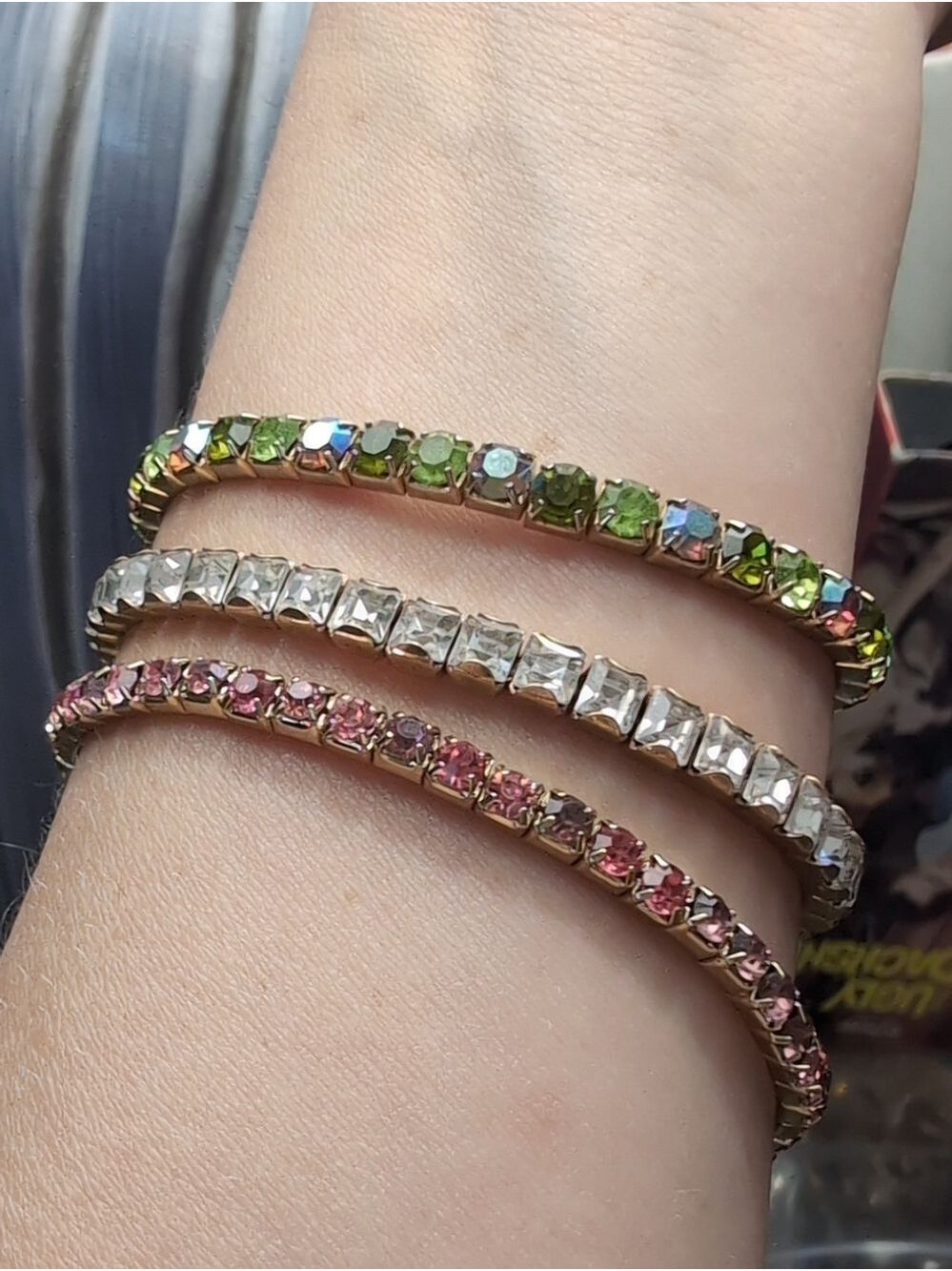 Pink Berry, Square & AB Green Crystal Tennis Bracelet Set - Women Jewelry - Picture 2 of 6